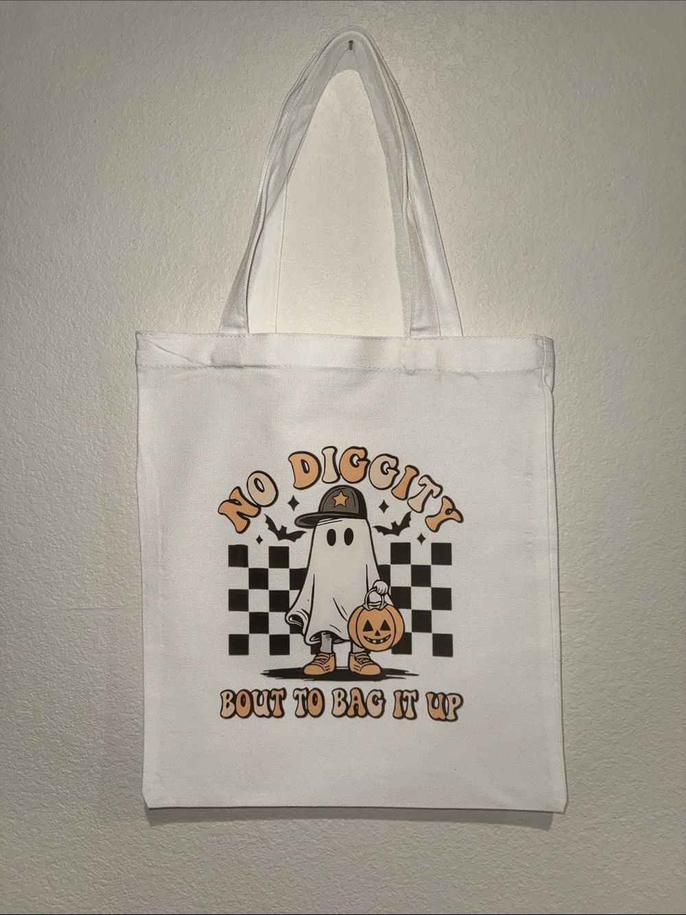 Hand Crafted White Tote with Black and Orange Halloween Graphic